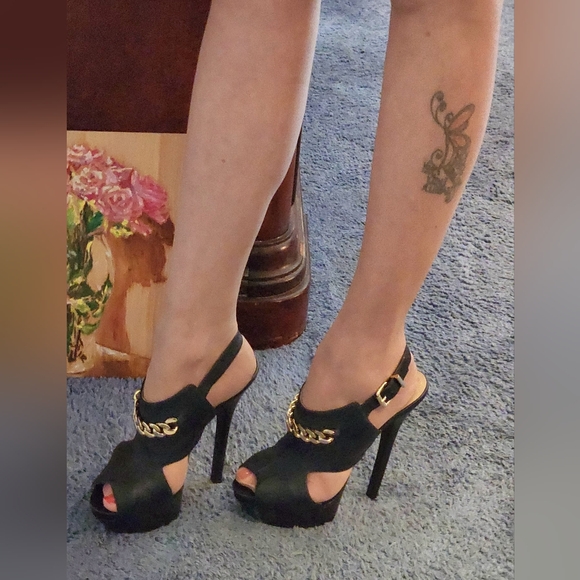 FENDI BLACK REPTILE EMBOSSED LEATHER CHAIN ACCENT STILETTO SANDALS 40.5 - Picture 8 of 12